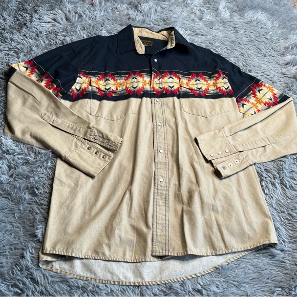 Wrangler Other - Wrangler Rustler Shirt Mens Large Pearl Snap Southwestern Cowboy Rodeo Blue Tan